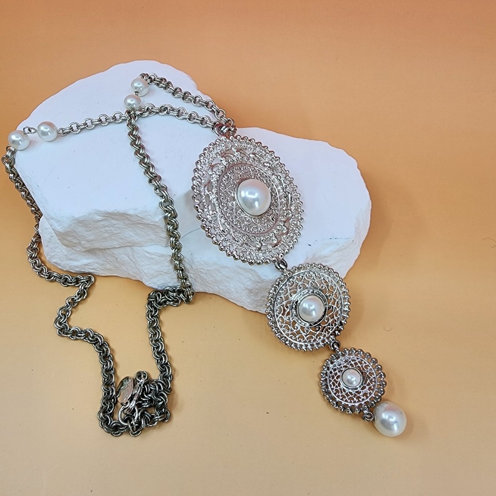 White House Black Market Silver Tone Faux Pearl Filigree Medallion Necklace